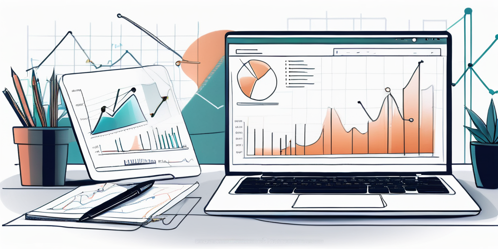 Moderner Arbeitsplatz mit offenem Laptop, der Diagramme und eine Domain-Suchseite zeigt, umgeben von Notizen und digitalem Stylus, symbolisch fuer strategische Planung bei der Domain-Auswahl.