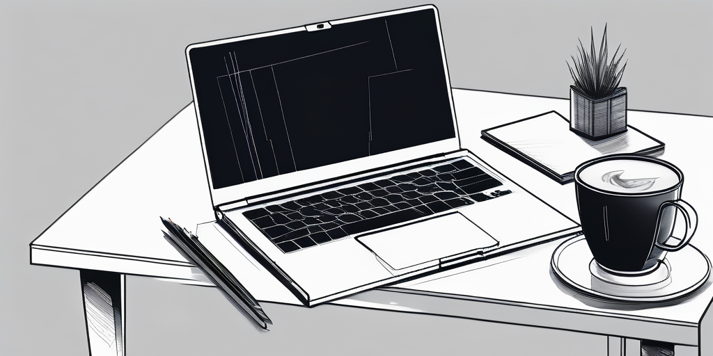 Moderner, schlanker Laptop auf minimalistischem Schreibtisch mit Designskizzen und Kaffeetasse, beleuchtet fuer eine ruhige, produktive Arbeitsatmosphaere.