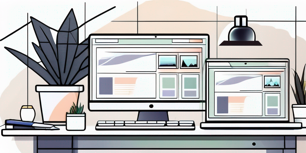 Moderner, minimalistischer Arbeitsplatz mit Computerbildschirm und Webentwicklungs-Interface, umgeben von digitalen Werkzeugen und einer Topfpflanze, symbolisiert eine produktive Umgebung fuer erfolgreiche Webseitenerstellung.