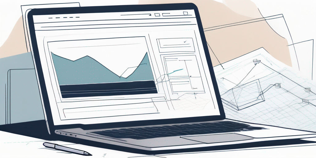 Moderner Arbeitsplatz mit Laptop, der eine Webseite zeigt, umgeben von Notizen und Entwuerfen fuer eine erfolgreiche kleine Unternehmenswebseite, betont durch eine ruhige, organisierte Umgebung zur strategischen Planung.