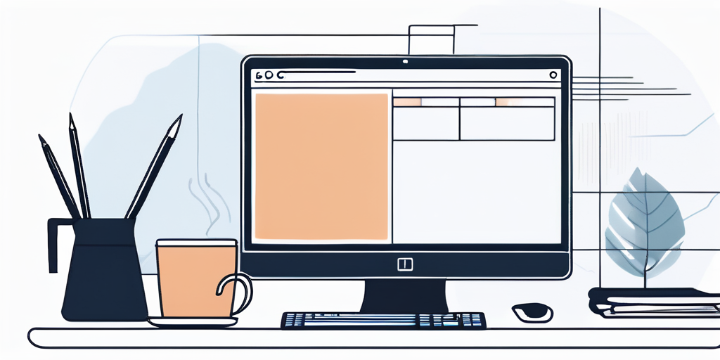 Organisierter Arbeitsplatz mit modernem Computer, Website-Entwicklungssoftware, Notizblock, Kaffeetasse und minimalistischer Dekoration zur Foerderung kreativer Atmosphaere.