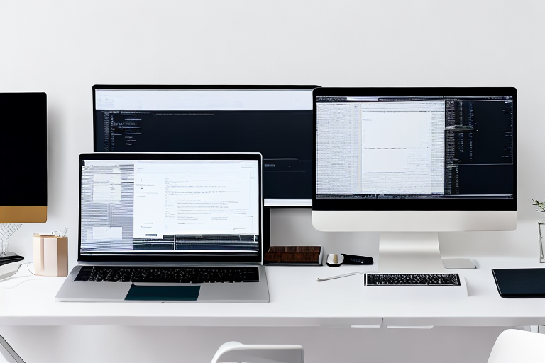 Moderner Arbeitsplatz mit Laptop, der Code anzeigt, umgeben von digitalen Werkzeugen und minimalistischer Schreibtischausstattung.