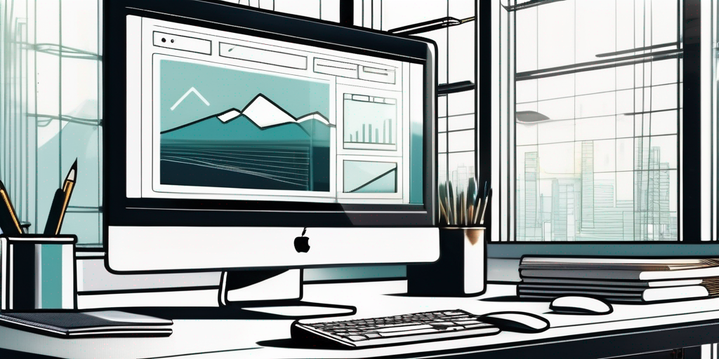 Modern eingerichteter Arbeitsbereich mit hochaufloesendem Computerdisplay, das eine Website-Designoberflaeche zeigt, umgeben von minimalistischen Werkzeugen und einem Notizbuch fuer effektive Planung und Durchfuehrung, betont Praezision und Innovation bei der Website-Erstellung.