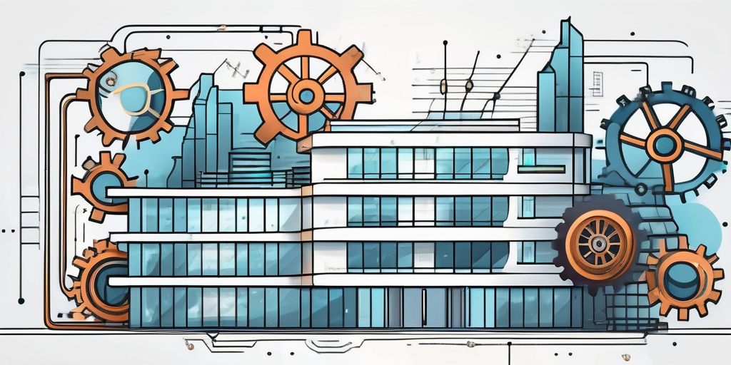 A modern corporate building with various abstract symbols of coding and software development
