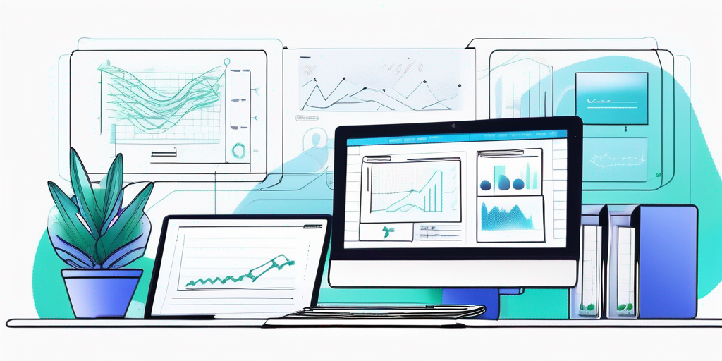 Moderner Arbeitsplatz mit Computer und App-Interface, umgeben von Skizzen und Notizen, ruhige Bueroatmosphaere fuer Kreativitaet und Konzentration.