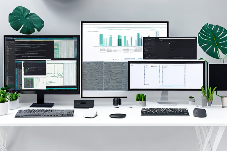 moderner arbeitsplatz mit dual-monitor setup, codezeilen, tech gadgets und topfpflanze, symbol fuer produktivitaet und innovation in webentwicklung