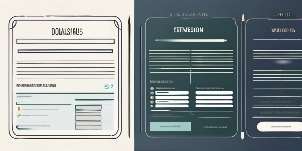 Verschiedene Domainendungen fuer Registrierung, illustriert mit Computer und Notizblock fuer strategische Planung der richtigen Domainwahl fuer Geschaeftsgebrauch.