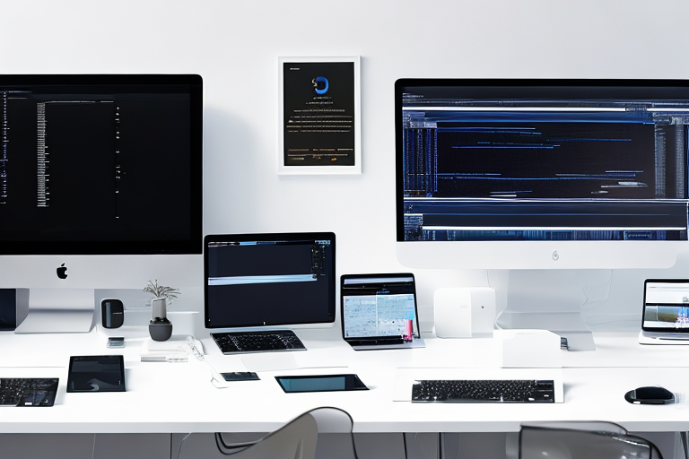 Team aus Fachleuten bei der Zusammenarbeit in moderner Buero-Umgebung mit Laptops und Monitoren, die verschiedene Codierungsoberflaechen anzeigen.