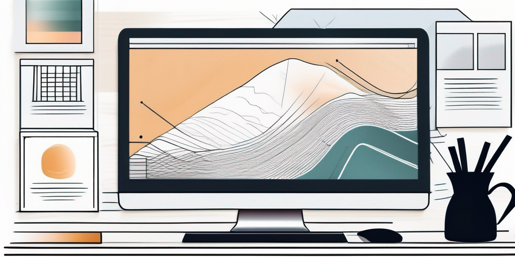 Moderner Arbeitsplatz mit Desktop-Computer, der Software fuer Webdesign zeigt, begleitet von Designskizzen und Farbpaletten zur Betonung von Kreativitaet und Planung in der Webentwicklung.