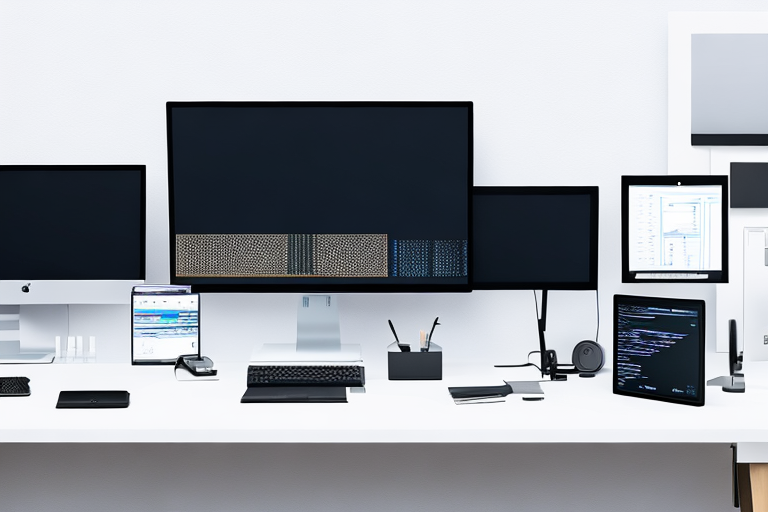 Moderner Arbeitsplatz mit mehreren Monitoren die Code anzeigen, umgeben von Entwicklungstools und Geraeten fuer effizientes Webdevelopment.