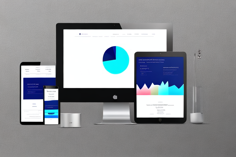 Moderne Website auf verschiedenen Geraeten mit responsivem Design und steigenden Verkaufszahlen im Hintergrund.