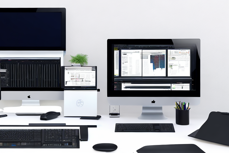 Moderner Schreibtisch mit Monitoren, die Code und Webdesign zeigen, symbolisiert effiziente Webentwicklung.