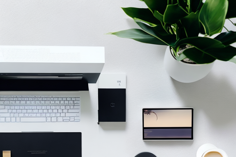 Moderner Schreibtisch mit Laptop, der Code anzeigt, Notizbuch, Kaffeetasse und Topfpflanze, ideal fuer Webentwickler-Anfaenger.