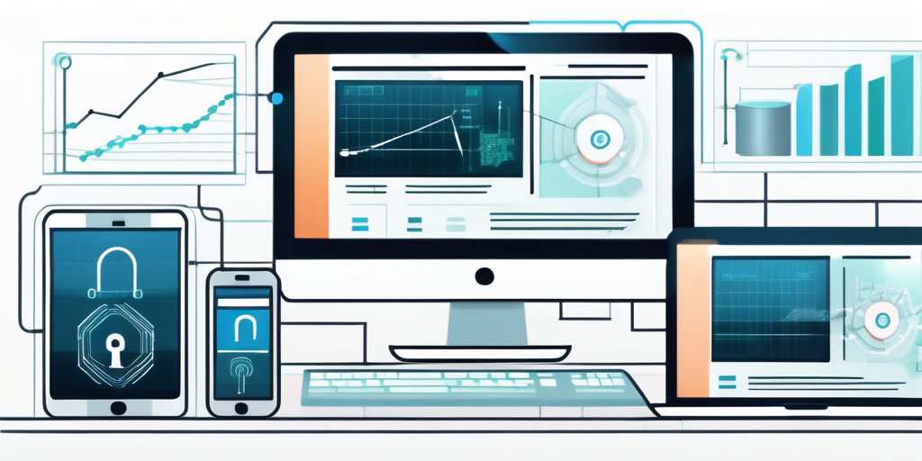 Sicherer, moderner Arbeitsplatz mit digitalen Geraeten, die Diagramme und Sicherheitsprotokolle anzeigen, umgeben von Elementen fuer Datenverschluesselung und Netzwerksicherheit.