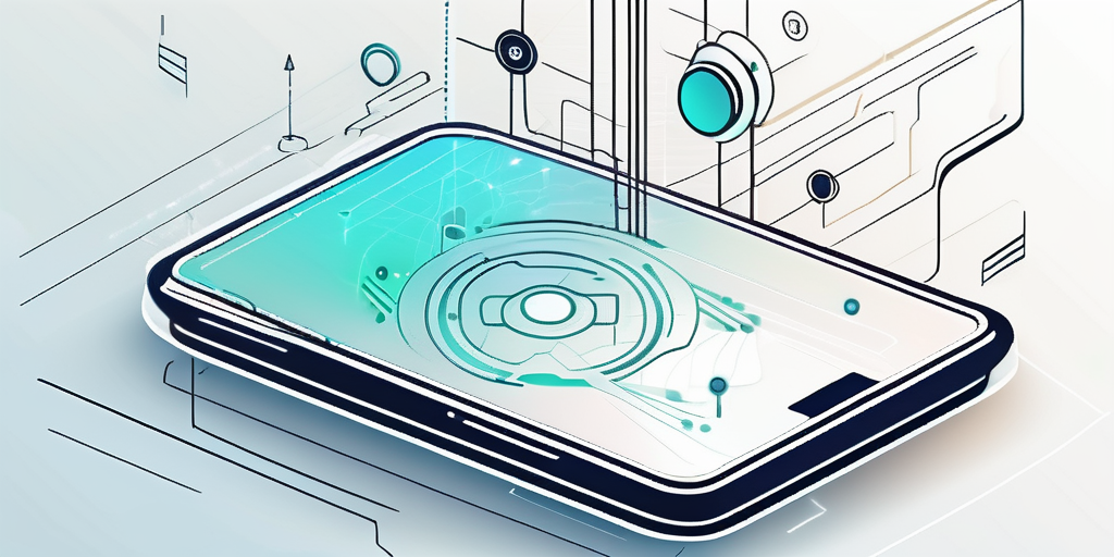 Smartphone mit abstrakten Symbolen und Linien, repraesentiert moderne App-Entwicklungstechnologien und Trends in futuristischem Design für mobile Softwareloesungen.