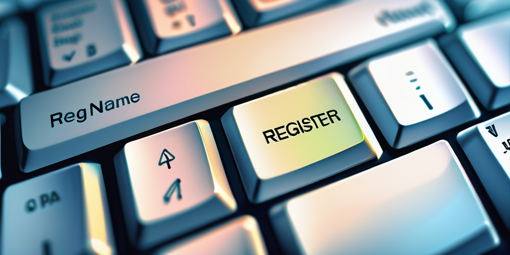Nahaufnahme einer Laptop-Tastatur mit hervorgehobener "Register"-Taste, Symbol fuer die Dringlichkeit der Domainregistrierung im digitalen Zeitalter, unscharfer Hintergrund mit Webentwicklungselementen.
