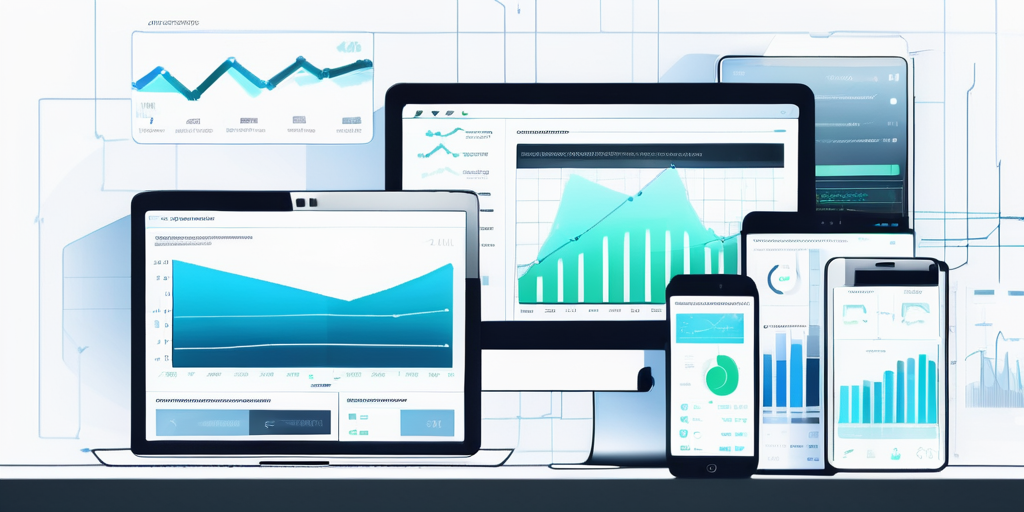Verschiedene digitale Geraete wie Smartphones und Tablets zeigen Entwicklungsstufen einer mobilen App-Oberflaeche, moderne Umgebung mit Grafiken und Codeausschnitten.