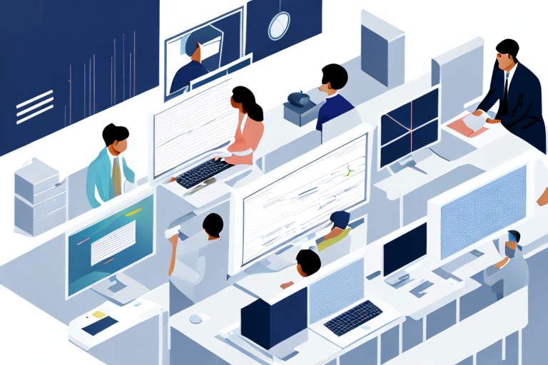 Personengruppe bei Teamarbeit und technischen Diskussionen um Laptop im modernen Buero, Bildschirme mit Diagrammen und Programmierung.