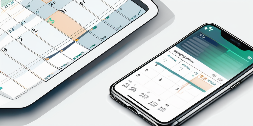 Nahaufnahme eines Kalenders mit markierten Daten und einem digitalen Geraet, das eine Registrierungsseite anzeigt, Symbole wie Uhren und Haken betonen Planung und zeitgerechtes Handeln.