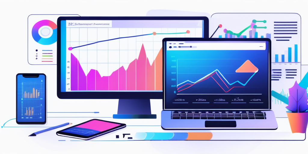 Modernes Arbeitsplatz-Setup mit mehreren digitalen Geraeten auf Code-Entwicklungsumgebungen, umgeben von Notizen und Diagrammen fuer die mobile App-Entwicklung, mit farbenfrohen Grafiken und Statistiken zu Erfolgsmetriken auf einem Bildschirm.