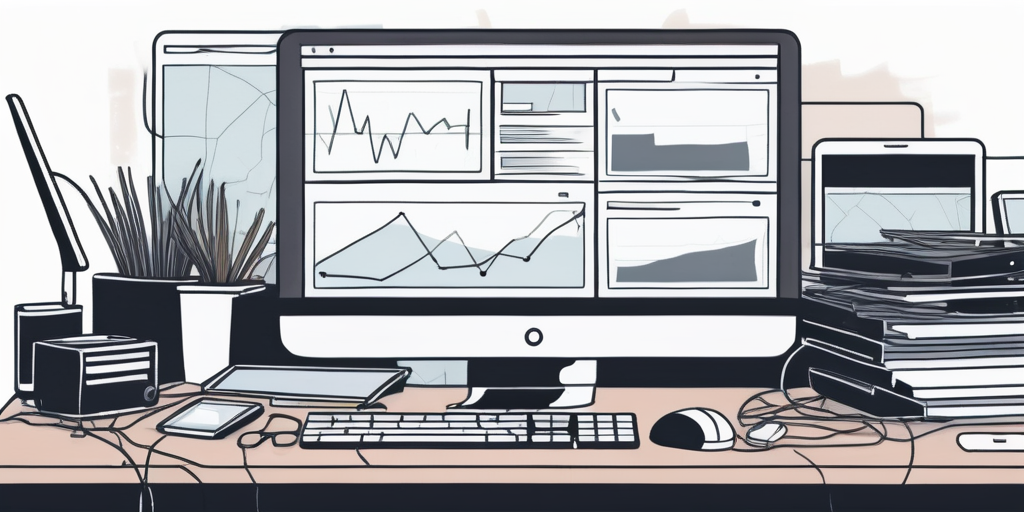 Unordentlicher Schreibtisch mit mehreren digitalen Geraeten, die Fehlermeldungen anzeigen, symbolisiert haeufige Fehler bei der Erstellung von Websites.