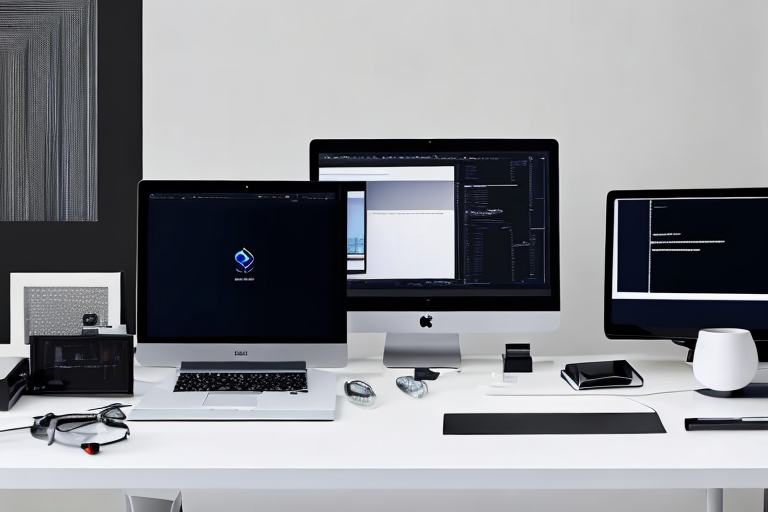 Moderner Arbeitsplatz mit Laptop, der Code zeigt, umgeben von Tablet, Smartphone und Referenzbuechern.