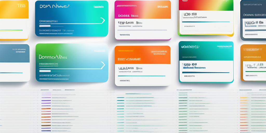 Verschiedene Domain-Namen auf bunten Etiketten verbunden mit einem zentralen, vereinfachten Webbrowser-Interface, symbolisieren vielfaeltige, erstklassige Domain-Auswahlmoeglichkeiten fuer Unternehmen.
