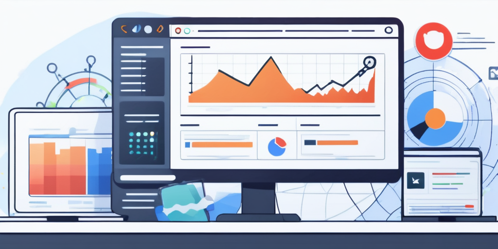 Nahaufnahme eines digitalen Bildschirms mit einem Webbrowser, deutlicher Domain-Name in der Suchleiste, umgeben von Digitalmarketing-Icons und Diagrammen.