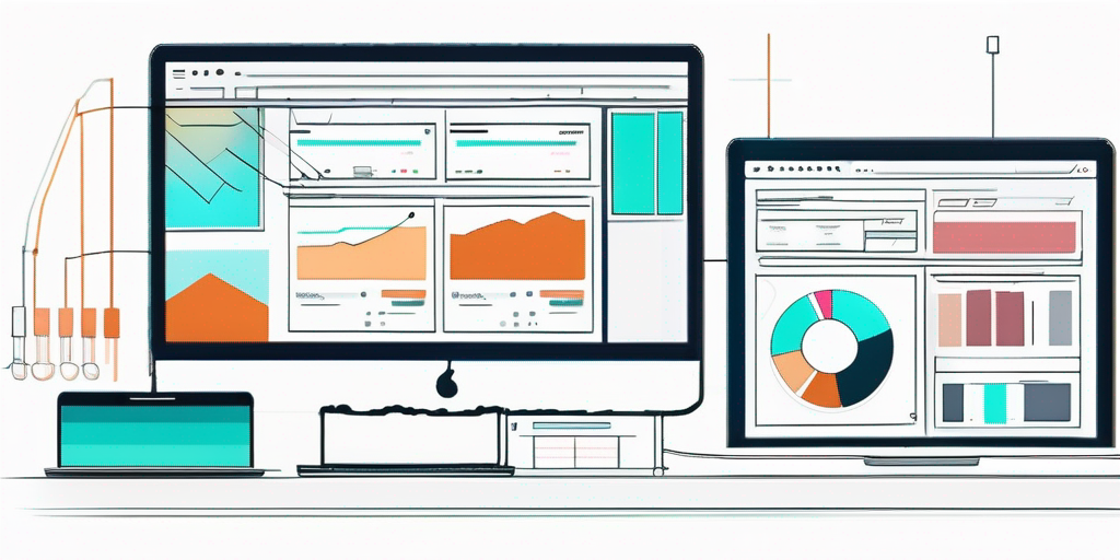 Digitale Designelemente wie Wireframes und Farbpaletten sowie Computer, die Codierungssoftware anzeigen, zeigen die Phasen der Webseitenerstellung und Designoptimierung.