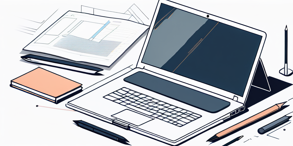 Moderner Laptop mit offener ansprechender Webseite umgeben von Notizblöcken und digitalen Designwerkzeugen, Symbol fuer erfolgreiche Webseitenerstellung.