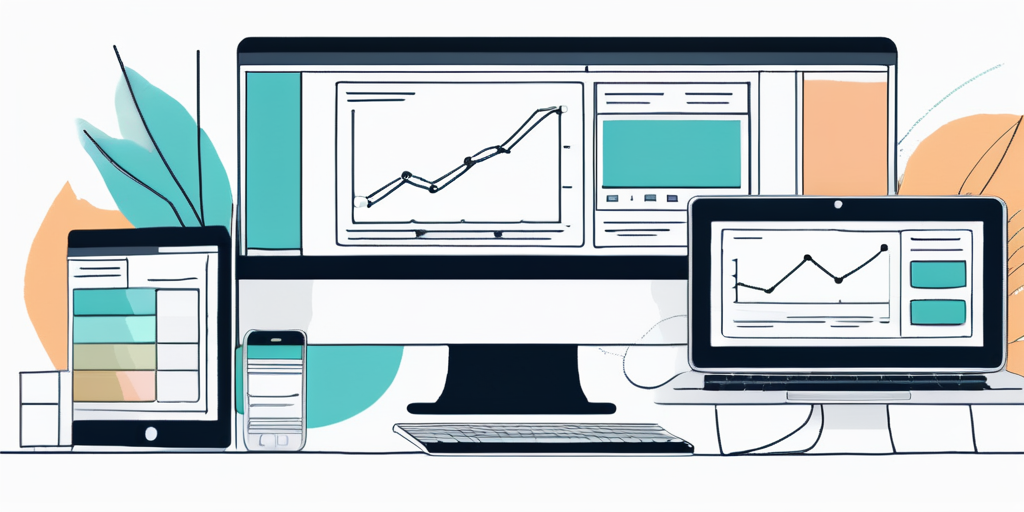 Digitale Designelemente und Tools wie Farbpaletten, Wireframes und responsive Design-Interfaces auf mehreren Bildschirmen fuer effektive Webseitenerstellung.