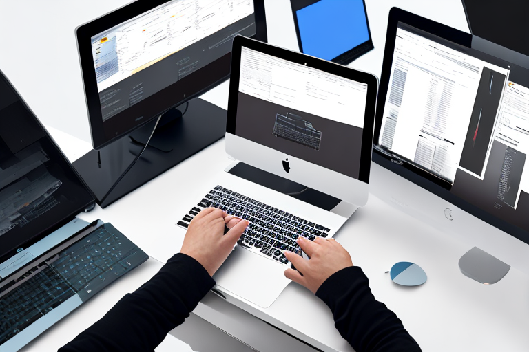 Schlanker Laptop auf modernem Schreibtisch mit Code-Editor, umgeben von Technik und Kaffee, produktive Webentwicklung.