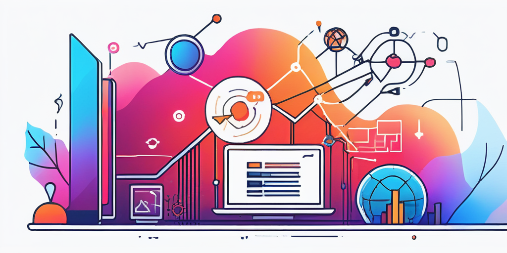 Vielfaeltige Auswahl abstrakter Symbole und Ikonen fuer Domainendungen und digitale Elemente in einer dynamischen, farbenfrohen Komposition zur Darstellung der idealen Webdomain-Wahl.