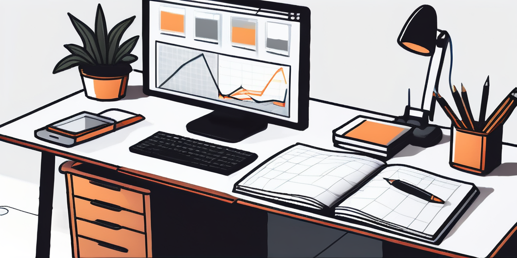 Sauberer und organisierter Arbeitsplatz mit modernem Computer, der eine ansprechende Website-Schnittstelle zeigt und verschiedene Stadien der Webentwicklung hervorhebt, inklusive Notizblock, Designer-Skizzenbuch und digitalem Tablet auf dem Schreibtisch.