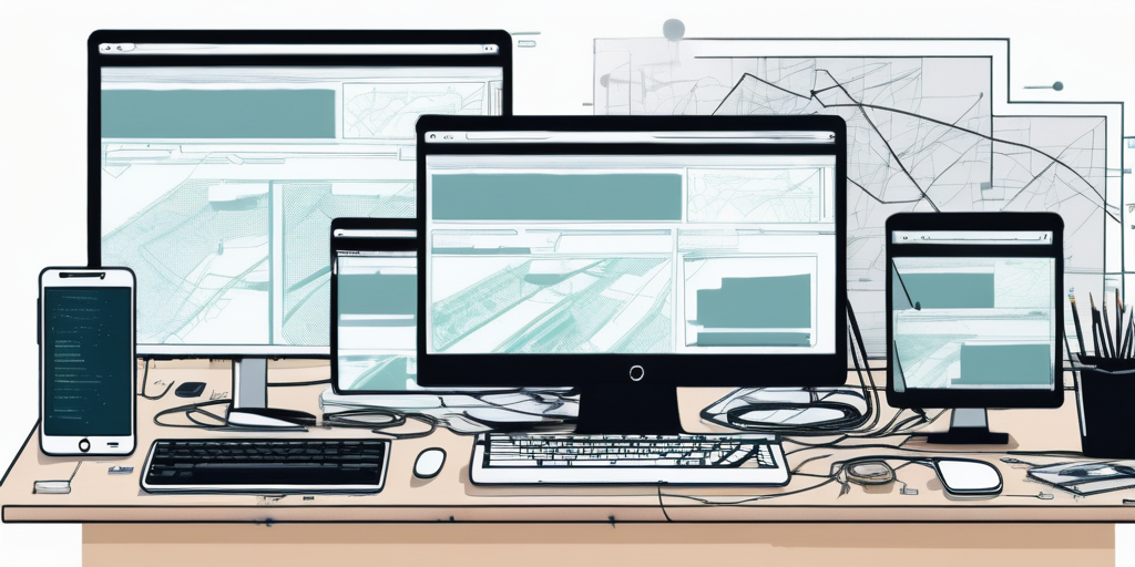 Unordentlicher Schreibtisch mit digitalen Geraeten, die Fehlermeldungen anzeigen, symbolisch fuer haeufige Fehler bei der Website-Erstellung, mit Werkzeugen und sichtbarem HTML-Code.