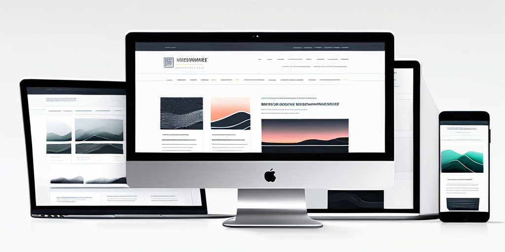 Moderne, elegante Webseitendesigns auf Desktop-Computerbildschirmen mit verschiedenen Layouts und Farbthemen fuer Benutzerbindung und Zugänglichkeit.