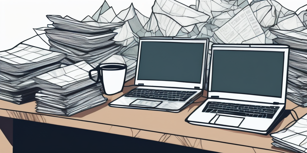 Unordentlicher Schreibtisch mit mehreren Laptops, die Fehlermeldungen anzeigen, umgeben von zerknuellten Papieren und Kaffeetassen, veranschaulicht haeufige Fehler bei der Website-Erstellung.