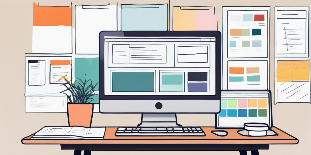 Organisierter Arbeitsplatz mit Computerbildschirm, der Schnittstelle fuer Webdesign zeigt, umgeben von Notizen und Farbpaletten, zeigt kreativen Prozess beim Erstellen beeindruckender Websites.