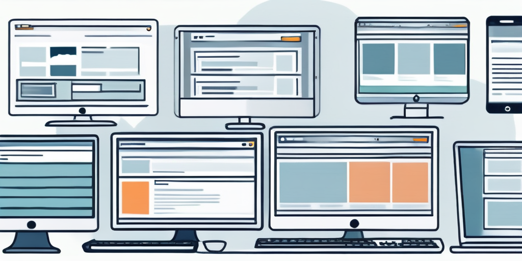 Diverse Bildschirme zeigen verschiedene Website-Oberflaechen zur Online-Präsenzverbesserung durch strategischen Domain-Einsatz.