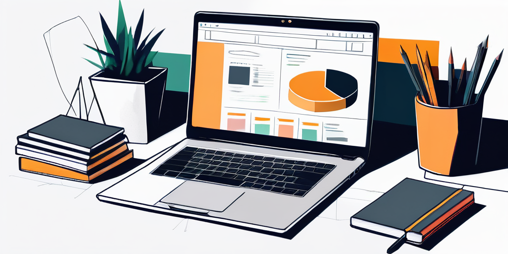 Saubere, organisierte Arbeitsecke mit Laptop, der eine Website-Entwicklungsplattform zeigt, umgeben von Design-Skizzenbuechern und Farbpaletten, die Kreativitaet und Planung betonen.