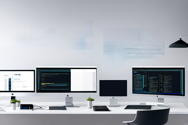 modernes Workspace mit zwei Monitoren, zeigt Codezeilen, Brandingmaterialien und Designs, digitale Icons fuer Webentwicklung