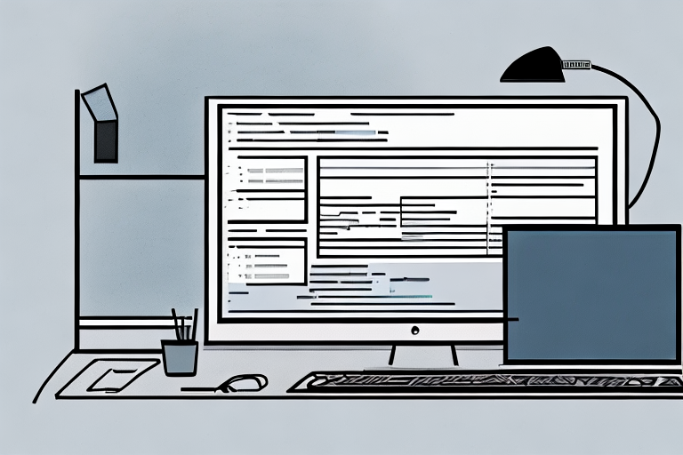 Entwickler-Arbeitsplatz mit Computerbildschirm, Codezeilen, Kaffeetasse und verschiedenen Programmierbuechern.