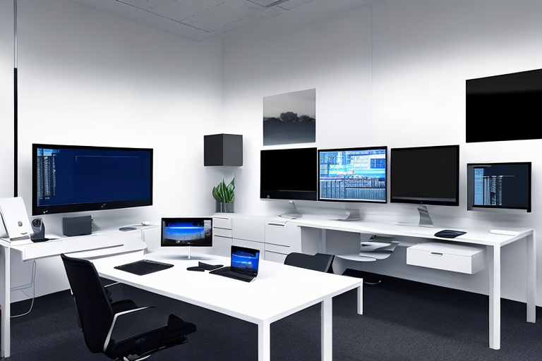 Moderner, schlanker Arbeitsplatz mit hochaufloesenden Bildschirmen und modernster Technik, symbolisiert fortschrittliche Webentwicklung.