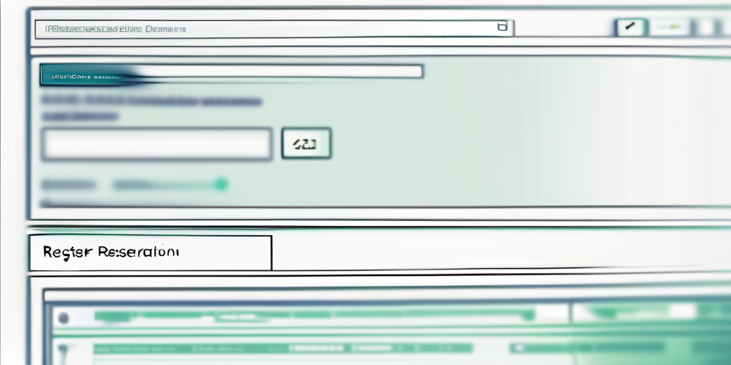 Nahaufnahme eines Computerbildschirms, der eine Domain-Registrierungsseite zeigt, Mauszeiger auf Registrieren-Knopf, unscharfer Hintergrund mit Website-Code.