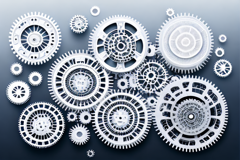 Vernetzte Zahnräder und Getriebe vor moderner digitaler Benutzeroberflaeche.