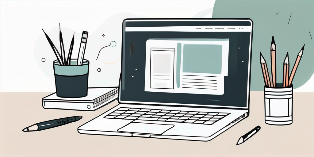 Offenes Laptop auf minimalistischen Schreibtisch, umgeben von Designwerkzeugen, mit sauberer, moderner Website auf dem Bildschirm.