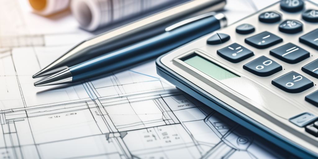 Moderner Taschenrechner strategisch auf Bauplaenen platziert, unterstreicht finanzielle Planung beim Hausbau.