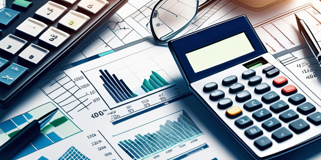 Finanzdiagramme, Taschenrechner und Bauplaene auf einem Buero-Schreibtisch zur Demonstration eines Hausfinanzierungsrechners fuer die Immobilienplanung.