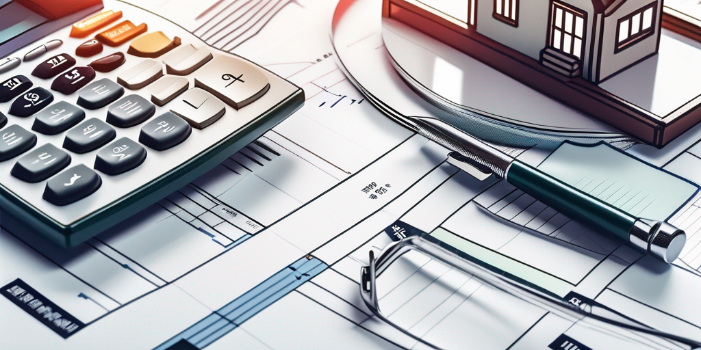 Modellhaus auf Finanzdokumenten und Diagrammen mit Schluesseln und Taschenrechnern, symbolisiert wichtige Aspekte der guenstigen Immobilienfinanzierung.