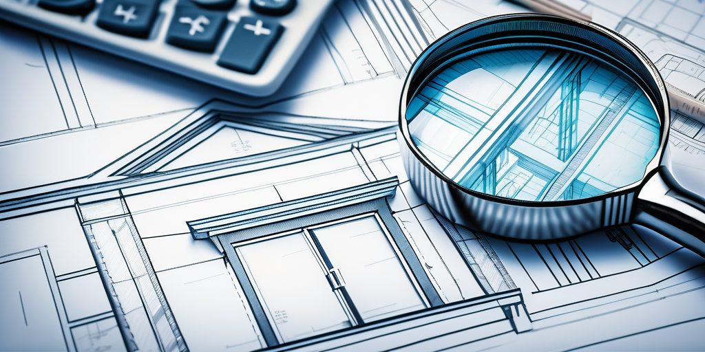 Lupe ueber Architekturplaenen mit Taschenrechner und Hausmodell im Hintergrund fuer detaillierte Finanzplanung bei Immobilienzwischenfinanzierung.